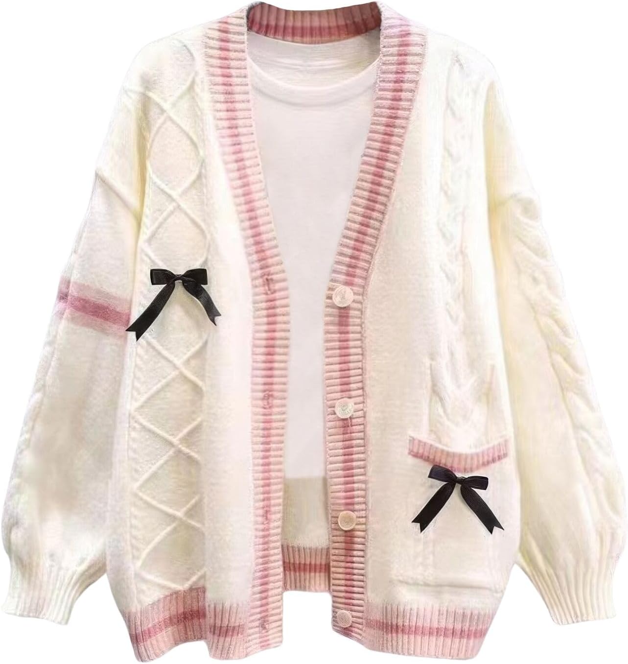 ebossy Womens Kawaii Cute Bowknot Cable Knit Cardigans Sheep